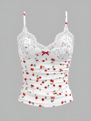 Cherry Printed Lace Panel Camisole 🍒🌸