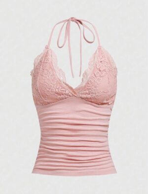 Pink Cotton Fitted Lace Panel Halter Top 🌸💕