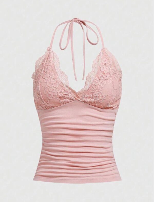 IMG-20250524-WA0055 Pink Cotton Fitted Lace Panel Halter Top ๐ธ๐
