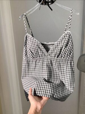 Black & White Plaid V-Neck Ruffle Camisole 🖤🤍