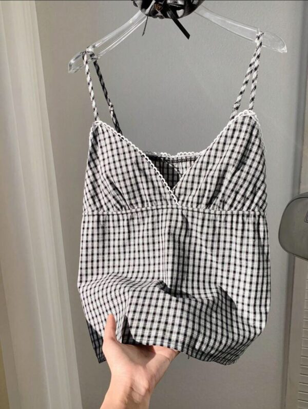 Black & White Plaid V-Neck Ruffle Camisole 🖤🤍