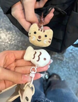 🐱🐟 Small Cat & Fish Mini Plush Keychain Set
