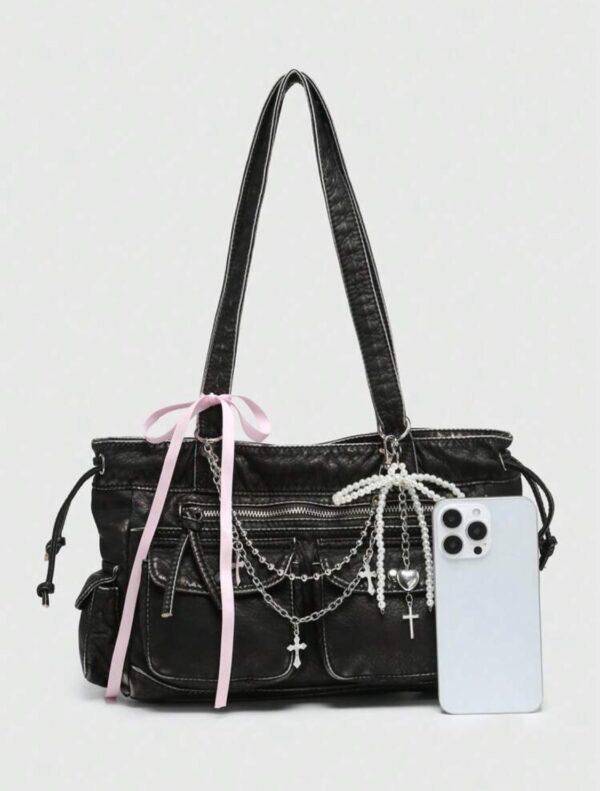 Kawaii Grunge Charm Ribbon Shoulder Bag 🖤🎀👜