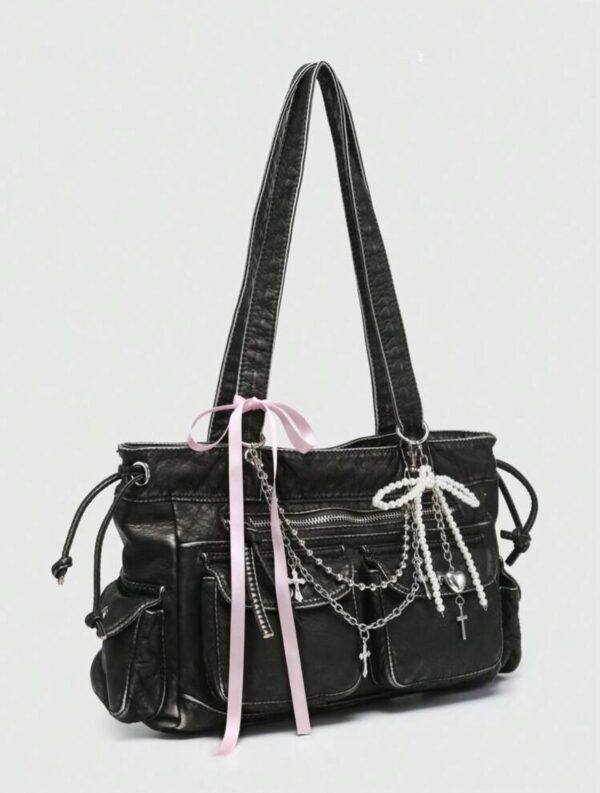 Kawaii Grunge Charm Ribbon Shoulder Bag 🖤🎀👜