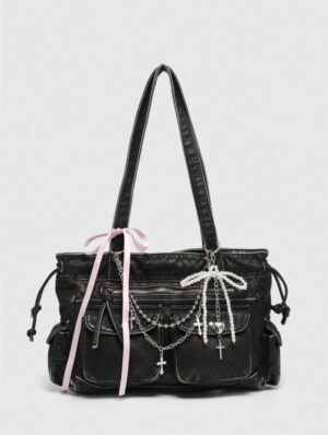 Kawaii Grunge Charm Ribbon Shoulder Bag 🖤🎀👜