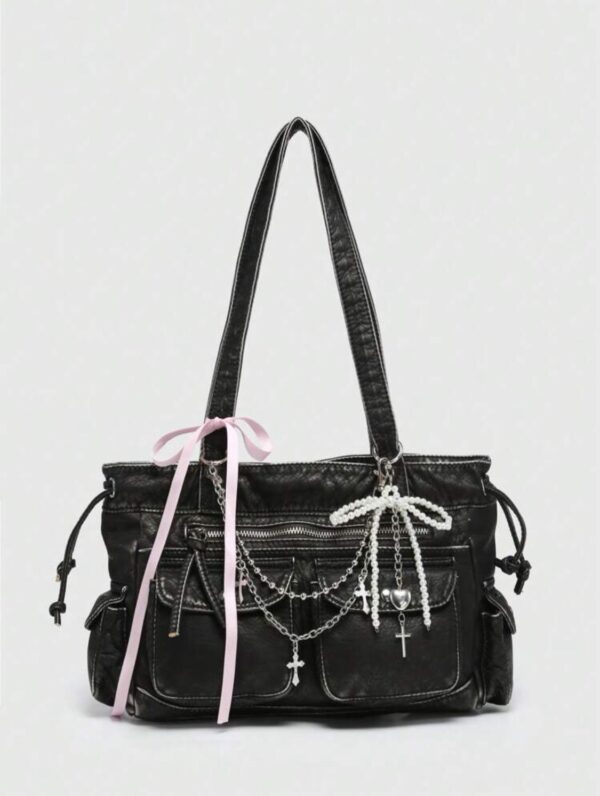 Kawaii Grunge Charm Ribbon Shoulder Bag 🖤🎀👜