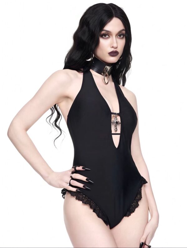Dark Siren Lace-Trim Cross Pendant Swimsuit 🖤⛓️