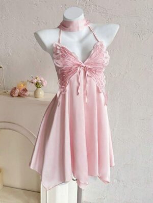 🦋💖 Butterfly Halter Neck Pink Dress 🌸✨