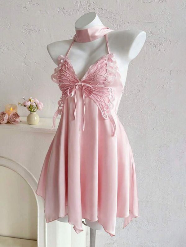 🦋💖 Butterfly Halter Neck Pink Dress 🌸✨