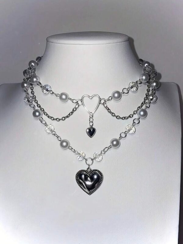 🤍✨ Multi-Layer Faux Pearl Choker With Silvery Heart Accent🎀