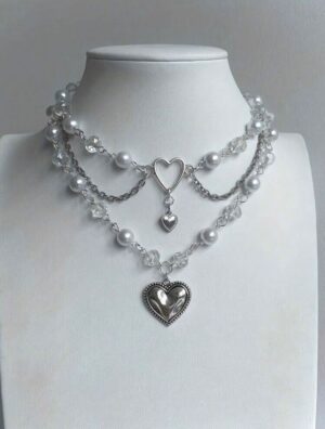 🤍✨ Multi-Layer Faux Pearl Choker With Silvery Heart Accent🎀