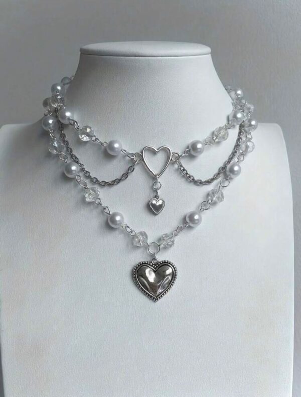 🤍✨ Multi-Layer Faux Pearl Choker With Silvery Heart Accent🎀