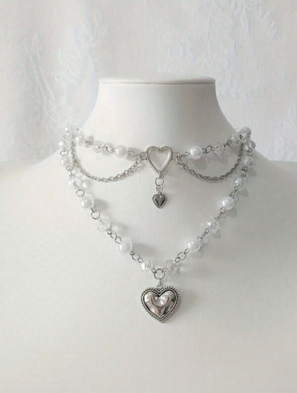 🤍✨ Multi-Layer Faux Pearl Choker With Silvery Heart Accent🎀