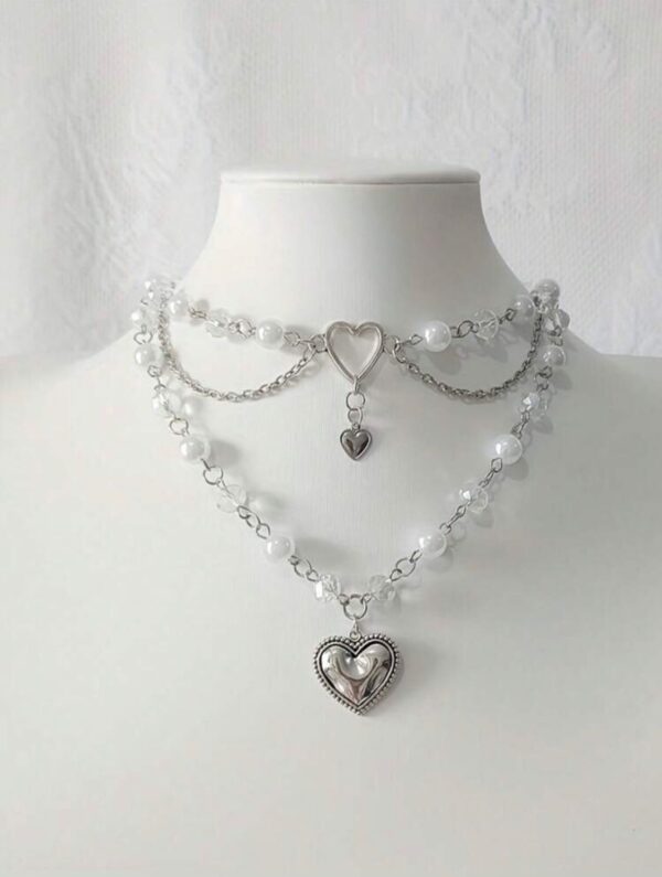 🤍✨ Multi-Layer Faux Pearl Choker With Silvery Heart Accent🎀