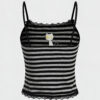 🐾🖤 Black Cat Embroidered Striped Cami Top 🎀🐈‍⬛