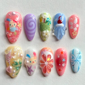 💅🐛 10pcs Whimsy Colorful Almond Shape Nails 🌈✨