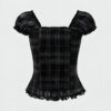 🖤✨ Goth Plaid Puff Sleeve Shirt with Lace Hem 🎀