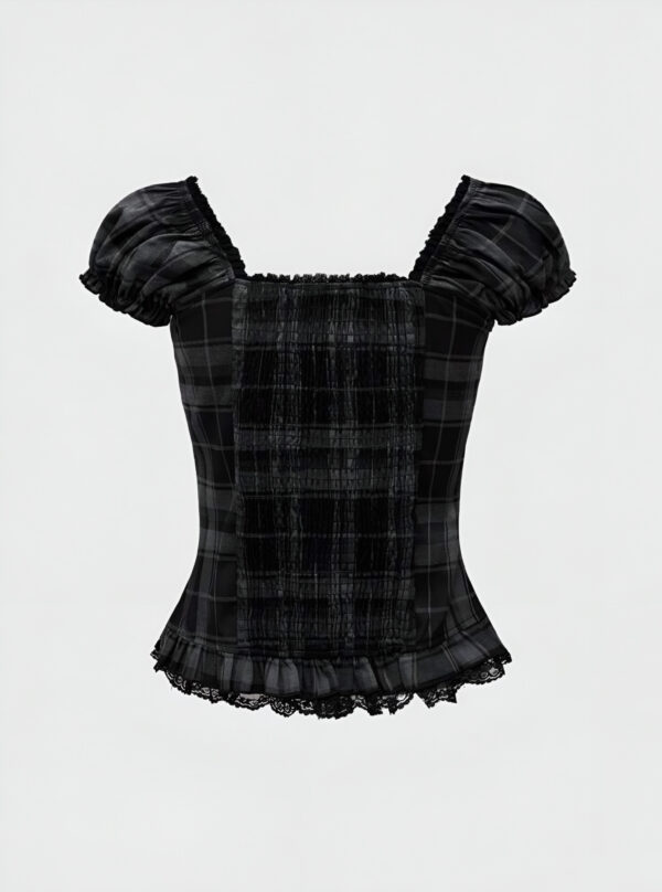 🖤✨ Goth Plaid Puff Sleeve Shirt with Lace Hem 🎀