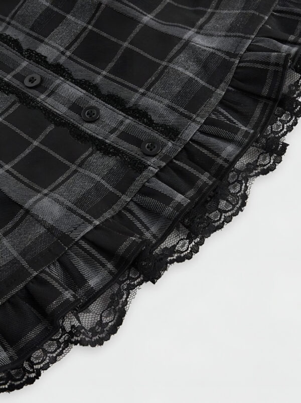 🖤✨ Goth Plaid Puff Sleeve Shirt with Lace Hem 🎀