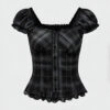 🖤✨ Goth Plaid Puff Sleeve Shirt with Lace Hem 🎀