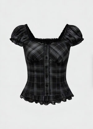🖤✨ Goth Plaid Puff Sleeve Shirt with Lace Hem 🎀