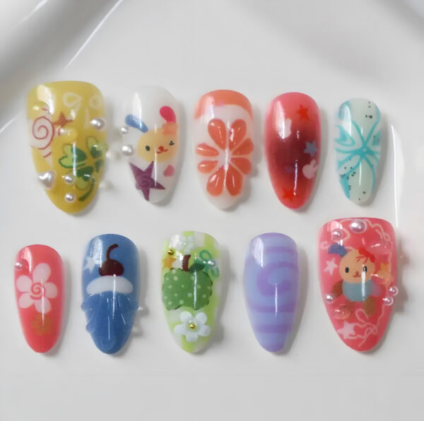 💅🐛 10pcs Whimsy Colorful Almond Shape Nails 🌈✨