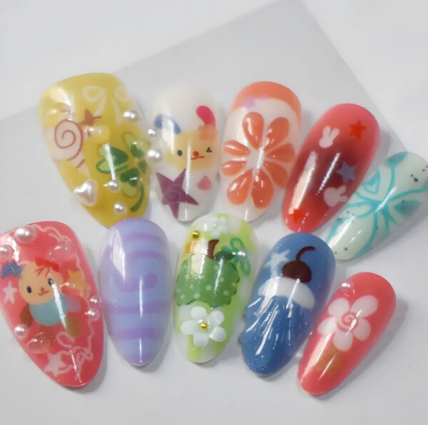 💅🐛 10pcs Whimsy Colorful Almond Shape Nails 🌈✨