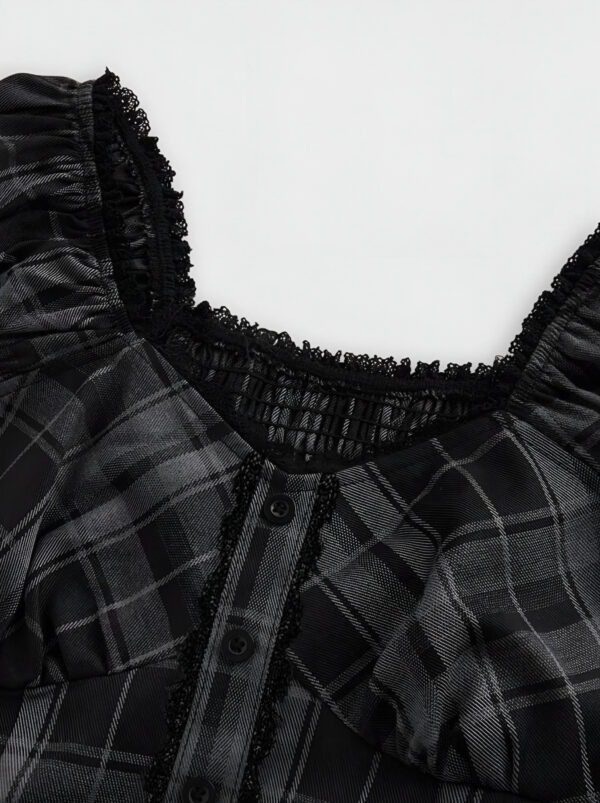 🖤✨ Goth Plaid Puff Sleeve Shirt with Lace Hem 🎀