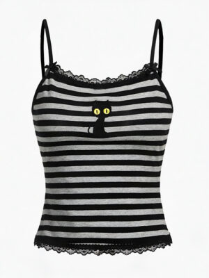 🐾🖤 Black Cat Embroidered Striped Cami Top 🎀🐈‍⬛