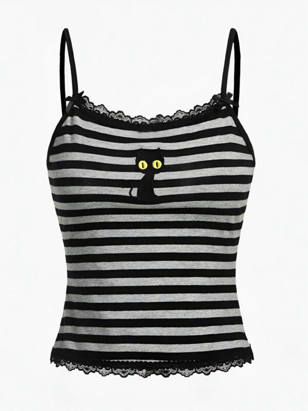 🐾🖤 Black Cat Embroidered Striped Cami Top 🎀🐈‍⬛