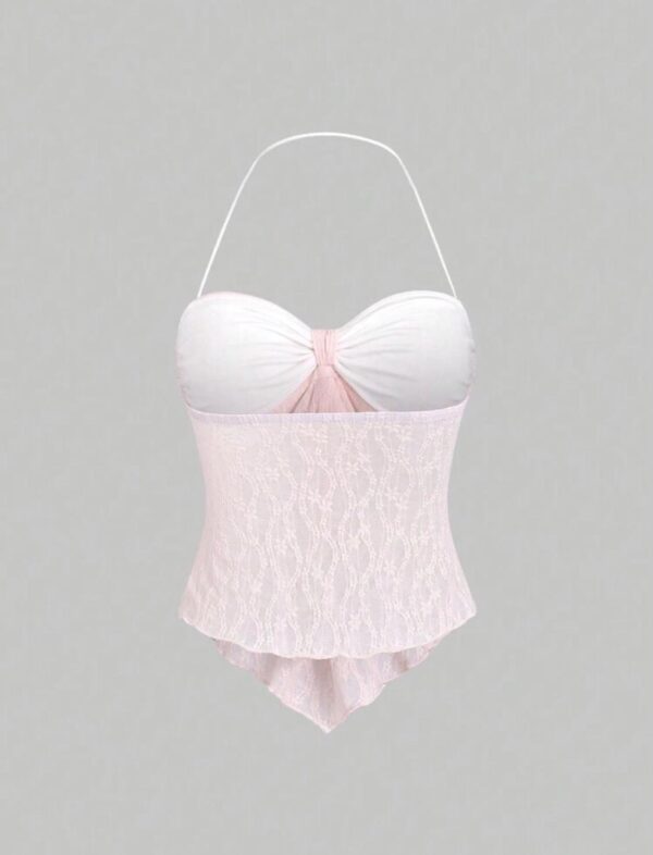 🌸Pink Solid Front Tie Halter Neck Crop Cami Top ✨