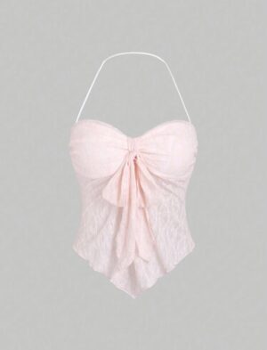 🌸Pink Solid Front Tie Halter Neck Crop Cami Top ✨