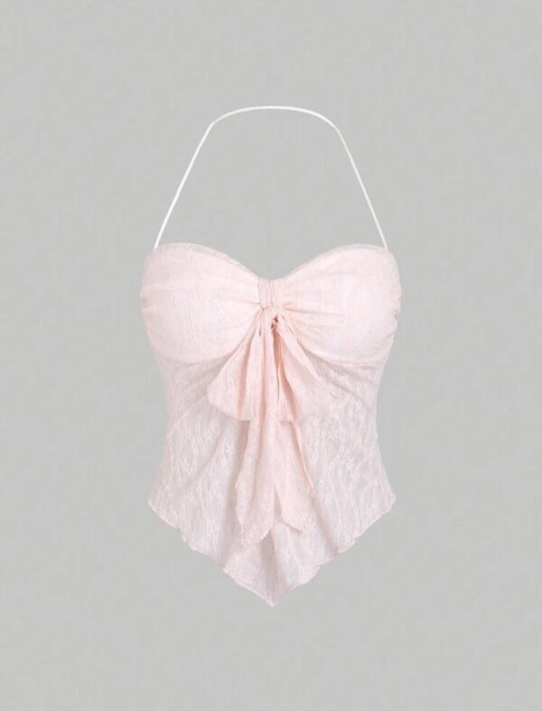 🌸Pink Solid Front Tie Halter Neck Crop Cami Top ✨